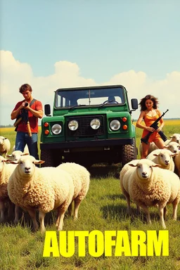 gangsta boys with mad weapons and girls with huge lady lumps, john players club 1980s cigarette advertisement sexy print Porsche autofarm magazine advertisement, vivid colours from the 80s, mcdonalds ad from the 80s, mac computer ad from the 80s, featuring a landrover being fixed at a farm. sheep are all over the place, company name in bold (AUTOFARM), nike print ad style, mac computer ad from the 80s, 1980s rc print advertisement