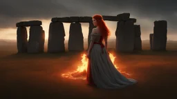 Full body shot of a tall slim red-headed young woman, dressed like a gipsy, standing in front of Stonehenge in a flaming circle, Raphael Lacoste