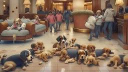 hotel lobby full of puppies and children pooping everywhere