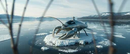 airbrush 3d rendering, close up chrome lobster space ship on small frozen island in lake, pinhole cam
