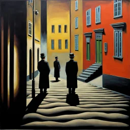 street made of felt, volumetric light, noon-light, nightmare, people, René Magritte