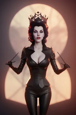 Hannah Waddingham as evil queen in black leather, busty, cleavage, voluptous, rebecca Welton, angry, stern look. character design by cory loftis, fenghua zhong, ryohei hase, ismail inceoglu and ruan jia. unreal engine 5, artistic lighting, highly detailed, photorealistic, fantasy