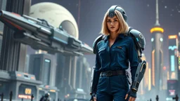 A full-body photograph of a young, slender woman with blond shoulder-length bob hair in a blue jumpsuit, standing in a futuristic cityscape with advanced spacecraft behind them, with a huge android in a huge metal exosuit with a helmet standing guard beside her.
