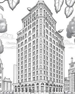 Craft a sophisticated black and white coloring page showcasing the historic and elegant architecture of the Flatiron Building. Remove the black background to create an engaging coloring experience suitable for both kids and adults.