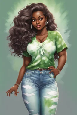 Create an oil painting cartoon image of a curvy black female wearing a light green tie dye t-shirt with white cut up jeans. Prominent make up with hazel eyes. Highly detailed long wavy brown and grey ombre hair flowing in the air.