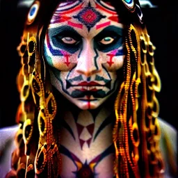 mystic indian woman, perfect, face tattoo, long hair, head and shoulders portrait, cinematic, 8k, dynamic lighting, hyperdetailed, intricately detailed