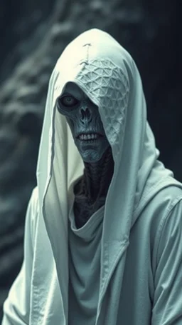 The creature from the the movie Prometheus with white hooded clothes looking at you