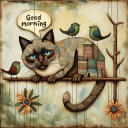 Siamese cat with blue eyes, adorned with intricate patterns and stylized buildings paints, hangs precariously from a floral-patterned board, against a mottled gray-green background. It looks directly at the viewer while a speech bubble above its head states "Good Morning". Three stylized birds in various colors and patterns stand on the branch and board above and below the cat, whimsical, expressionist painting, diswashed, Aging effects, Ogata Kōrin style.