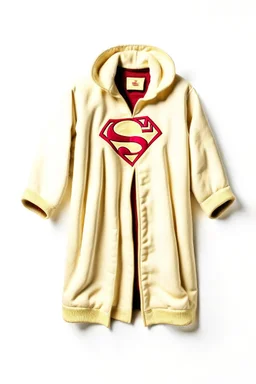 Men's Superman's SheIn Winter coat elegant inspired by Superman's emblem design beige tones with dual color on a white background, product catalog photography, soft spot lighting, depth of field, 4k –ar 3:5 –q 2