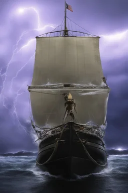 Ship front view with a Spider figurehead at night in a storm with giant waves