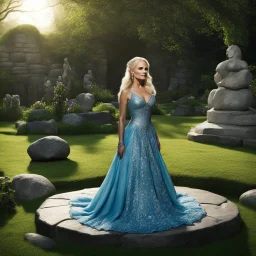 [high res photo by Neil Gaiman] Kristin Chenoweth as ostara in American gods (2017) the goddess of Easter peacefully rests on a stone in her garden