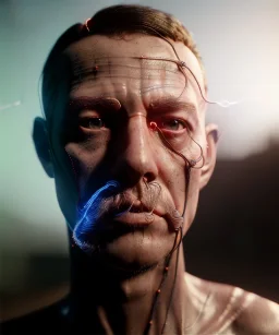 Ultra realistic photographic night portrait, cinematic, naked, shave hair <man> <hanging wires> many wires coming out of the head <perfect pupil> <cyborg> <garage> <wide angle Shot> <sci-fi futuristic> <thriller>, fog, soft color, highly detailed, unreal engine 5, ray tracing, RTX, lumen lighting, ultra detail, volumetric lighting, high definition.