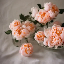 cinematic shot of peonies made from peach tulle in a glass bowl, warm lighting, soft lighting, bokeh, linen, luxurious