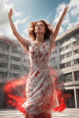 Photorealistic young woman in a dress, standing, with arms raised, looking at the front of a building at midday, with red auras around her