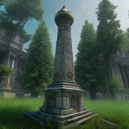 Monument, abandoned city centre, statue of human on top, look from distance, buildings visible whole statue, overgrown statue and monument, realistic, highly detailed