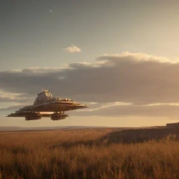 a star destroyer hovering over the plains