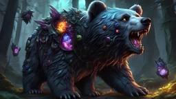 awesome (zombie bear:1.5) eating a (pretty canine:1.5) with fur and bits flying in the air, wacky zany facial expression, intricate detail, sharp, colorful, iridescent, deep color, grey and black fairy forest, 8k resolution, trending on Artstation, glowing runes, zombiecore, H.R. Giger, dynamic lighting