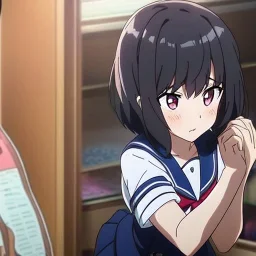 Clear focus, High resolution, A anime teenager, anime screencap, black medium length hair, hair cut in pieces, pink eyes, wearing a sailor uniform, blushing