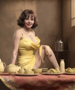 Ultra realistic photographic portrait, happy young Gina Lollobrigida woman sitting with arms resting on Italian kitchen table, pretty tortellini dish with olive oil and albahaca, renaissance style decoration, soft color, highly detailed, unreal engine 5, ray tracing, RTX, lumen lighting, ultra detail, volumetric lighting, high definition.