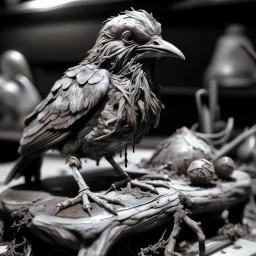 a statuette of a rotting bird cult in a display greyscale photo