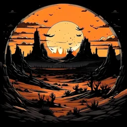 desert landscape with a solar eclipse drawn in the art style of Darkest Dungeon