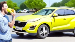 guy arguing on phone next to his kia sportage made from lemons