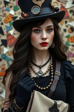 adult, woman, necklace, steampunk hat, delicate features, unique style, pale skin tone, dark eyes, dark lipstick, regal rebell-steampunk dress, dark dress, black elbow gloves, long hair, holding an mecha-cotton bag, ethno steampunk style, whimsical vibe, high detalied, realistic, cinematic, random background