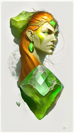 green stone, white background, inner light, artistic style, bright and vivid, green amber stone, jade, shaped like a viking woman
