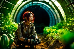 Unground solar punk tunnels, cinematic, dof background a, dystopian, sci-fi, award-winning, Yui working hard in a garden, National Geographic, breath taking, oxygen farm but outside is a desert, fantasy, magical