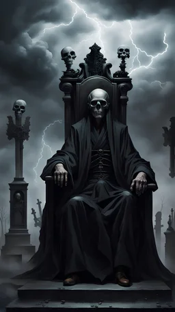 An eerie figure in a black robe sits on a gloomy throne, the figure’s face resembles a skull, in his hand is a staff with a skull, in the background is an eerie cemetery, black clouds, lightning, gray shades