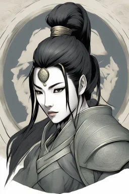 asain female warrior mage with long black hair that was pulled back behind her head in a ponytail.The dark hair contrasted and complimented her soft facial features. Below her left eye there is a tattoo of fine lined design that looks like a solid line.