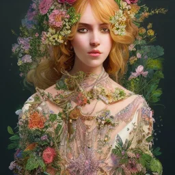 full body portrait,"Insanely detailed photograph of a beautiful germanic vestal sacral priest, pretty face, highly intricate dress,colorful flowers in hair,elegant, highly detailed hair, digital painting, artstation, concept art, smooth, sharp focus, illustration, art by artgerm and greg rutkowski and alphonse mucha, 8 k