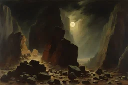 Stormy night, rocks, new age and philosophic influence, trascendent infinite, epic, mountains, ernest welvaert, walter leistikow, and hans am ende impressionism paintings