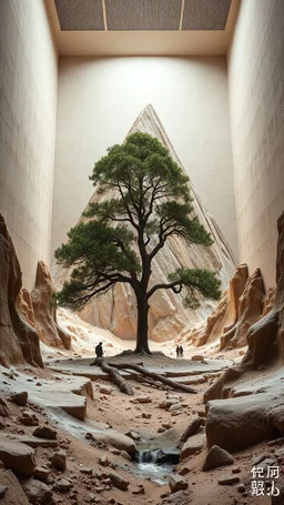 Photograph, a mass of terrain, giant museum space, tree, high walls, high peak in a room, rag, powder, brook, persons, sediments, deflagration of the background, geological formation, light, architecture, minimalist, details of the terrain very accentuated, 8k, deep 3d field, sharp, brutalist, hasselblad h6d400c --ar 85:128 --v 6.0
