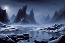 night, rocks, ice, winter, mist 2000's sci fi movies influence, lake, very easy landscape, friedrich eckenfelder impressionism paintings