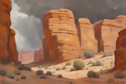 Grey sky, planet in the sky, rocks, cliffs, rocky arid land, 90's sci-fi movies influence, rodolphe wytsman and wilfrid de glehn impressionism paintings