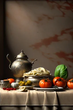 renaissance style still life composite, Raviolis pasta with natural tomato, albahaca, olives, olive oil. Dish, moisture, art, natural, ornaments, ceramic, marble, high kitchen, smooth, god rays, unreal engine 5, ray tracing, RTX, lumen lighting, ultra detail, volumetric lighting, 3d.