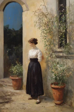 Night, one woman, house, vegetations, flowers, dirt, alfred stevens, and gustave caillebotte paintings