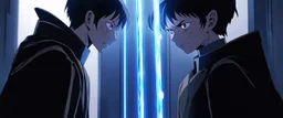 Close-up confrontation between an ancient alien outcast leader and a space broker, standing only a meter apart, intense eye contact, glowing crystalline rod between them, anger mixed with sadness, dramatic facial expressions, shallow depth of field, cinematic lighting, stylized 3D anime, airbrush painting, crisp outlines