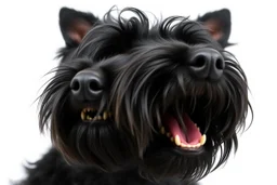 side-front of head nose, mouth with teeth, ears and eyes of a black Scottish terrier coming up from the side-bottom, mouth open biting, white background