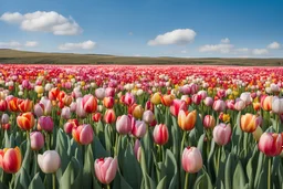 A field of tulips in different colors under a blue sky