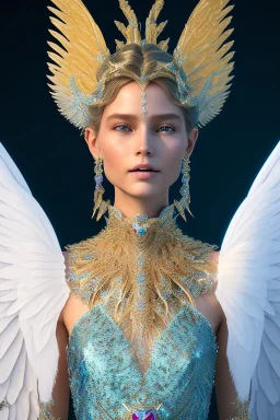 A portrait of a crystalline woman smiling, with wings, mythical,fantasy , magnificent, majestic, very happy, highly intricate, Realistic photography, incredibly detailed, ultra high resolution, 8k, complex 3d render, cinema 4d