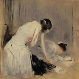 depressed woman typing at a smartphone laying on the floor of a dark bedroom, by berthe morisot