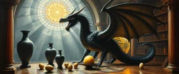 master oil painting by Escher and Giger, glaring vases and black humanoid reflective dragon and hidden golden dragon inside library, cryptic eggs, sacred geometry