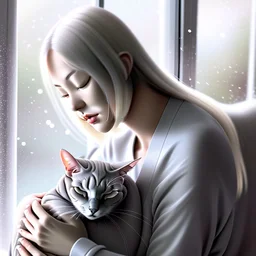 create a sleeping grey haired middle aged woman with chin length hair, sitting on a chair, in front of a window, holding her beloved gray and white tabby Oriental shorthair cat, also sleeping, in her arms. Serene peaceful calm. the snow falling outside