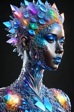 3D rendering of Expressively detailed and intricate of a hyperrealistic “human figurine”: shinning crystal, molecules, glossy skin, neon rainbow, side view, scientific, single object, black background, cosmic fractals, octane render, 8k post-production, dendritic, artstation: award-winning: professional portrait: atmospheric: commanding: fantastical: clarity: 16k: ultra quality: striking: brilliance: stunning colors: amazing depth