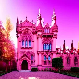 concept art, concept design, neogothic palace, neo gothic, aesteric, pink walls, pink exterior, glass exterior, english garden around, volumetric light, photorealistic, high quality, cinematic, pink aesthetic, sunny