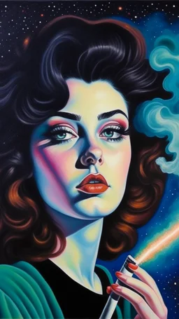 painting of a woman smoking a cigarette, her eyes are halfmoons, her hair is an interstellar nebula,