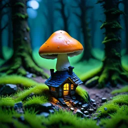 "Close up of a wonderful tiny Mushroom Tower home. Orange and indigo with bright white, deep black and contrasting tones of gray. Illuminated bioluminescent forest. Professional painter, master at composition. small but detailed. broken, blurred background, voluminous lighting"