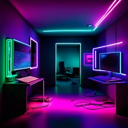 Unsettling room, neon lights, signs, empty, a computer is running, liminalcore, distressful, anguish, painful